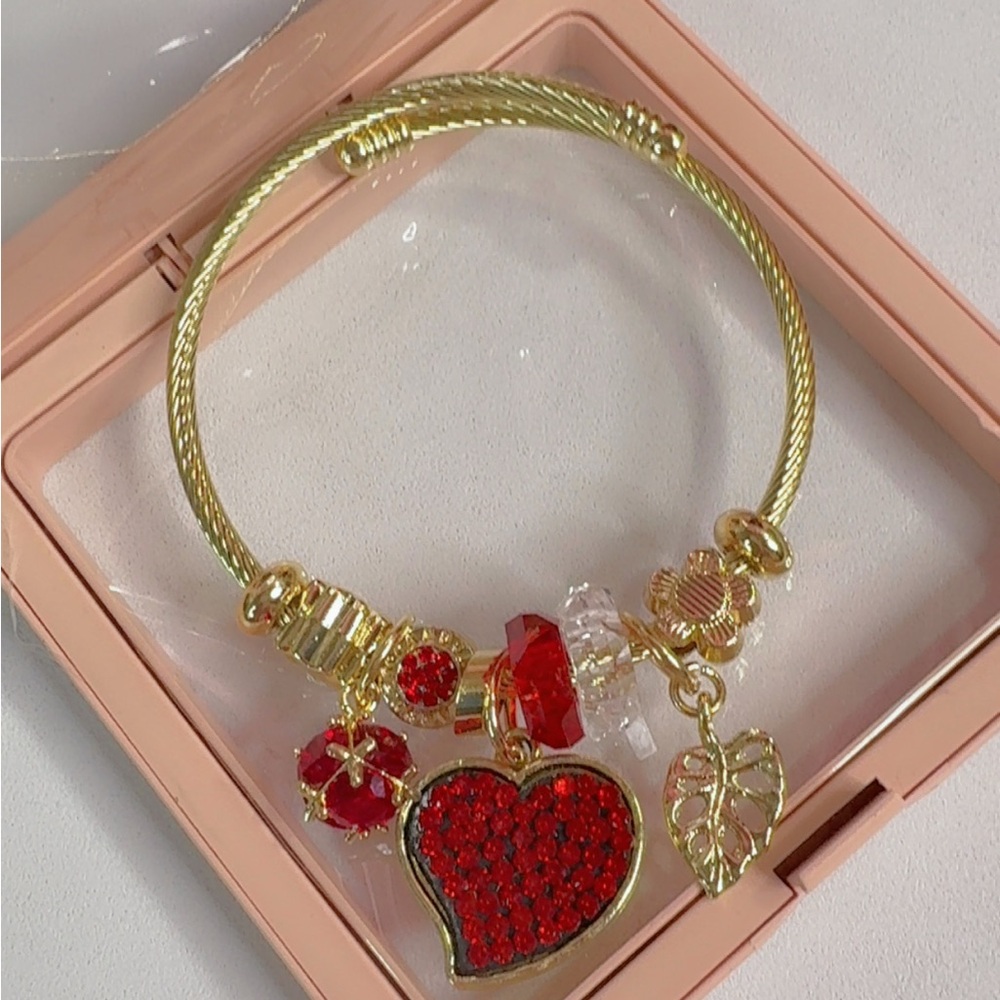 Gold and Red Charm Stainless Steel 14K Gold Plated Bracelet